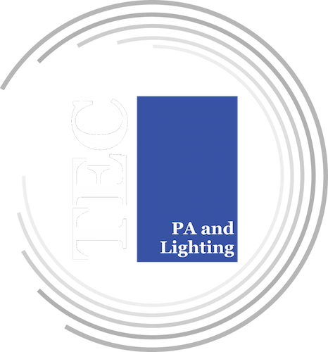 TEC Logo, 'TEC' in serif with 'PA and Lighting' in a blue box surrounded by rings
